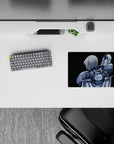 Moody steel-blue and black anime girl mouse pad 14x10 inches with glossy highlights, dramatic vibe.