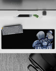 32x12 inches desk mat in steel-blue and silver tones on deep black, moody glossy anime style.