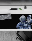 Steel-blue armor on a 36x16 inches anime girl desk pad, glossy highlights and moody dark aesthetic.