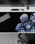 Moody steel-blue and silver anime desk pad 40x20 inches with glossy highlights on deep black.