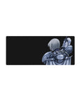 Anime girl mouse pad 28x12 inches with silver-haired armored warrior and raised sword on black background.