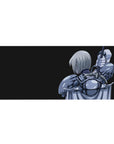 Anime girl desk pad 36x16 inches with silver-haired warrior and raised sword on a sleek black backdrop.