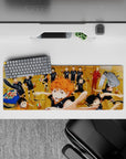 32x12 inches anime mouse pad in warm wood tones and bold black uniforms, energetic team spirit vibe.