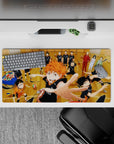 Anime mouse pad 32x16 inches with bold black uniforms, warm wood tones, and a loud, joyful team vibe.