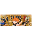 Haikyuu!! anime mouse pad 32x12 inches with Karasuno players on a wooden court, volleyballs scattered.