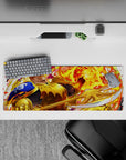 32x12 inches anime mouse pad in hot orange and neon yellow flames, molten swirls and sparks, bold energy.