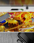 Fiery orange and neon yellow anime desk pad 40x20 inches, molten swirls and sparks, bold energy.