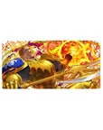 32x16 inches anime mouse pad with golden armored knight, fireball backdrop, blue crest, and etched sword.