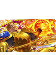 Golden armored knight anime desk pad 40x20 inches with fireball backdrop, low-angle heroic pose.