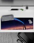 32x12 inches anime mouse pad in sunset-to-midnight gradient, neon blue violet comet, calm romantic vibe.