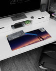 Two anime students holding hands on a rooftop under stars as a comet streaks overhead, mouse pad 28x12 inches.