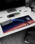 36x16 inches anime desk pad showing two students holding hands on a rooftop under stars and a glowing comet.