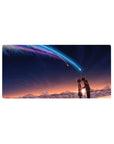 32x16 inches anime mouse pad with rooftop couple silhouettes and a neon comet over layered clouds.
