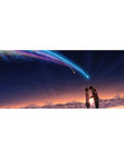 36x16 inches anime desk pad with rooftop couple silhouette, comet light trail, clouds, starry sky.