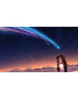 40x20 inches anime desk pad with rooftop couple under stars and a neon comet trail at sunset.