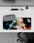 Anime mouse pad 28x12 inches featuring Kirito and Asuna from Sword Art Online, with electric blue and warm gold auras.
