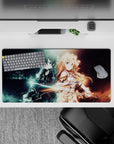 Anime mouse pad 32x16 inches featuring Kirito and Asuna from Sword Art Online, showcasing electric blue and warm gold auras.