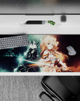 Anime mouse pad 36x16 inches featuring Kirito and Asuna from Sword Art Online, with electric blue and warm gold auras.