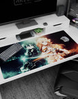 Anime desk pad 40x20 inches featuring Kirito and Asuna from Sword Art Online back to back with electric blue and warm gold auras.