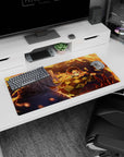 Tanjiro Kamado anime mouse pad, 32x16 inches, featuring Tanjiro mid-strike in fiery orange arcs against a deep blue background.