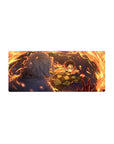 Anime mouse pad 28x12 inches featuring Tanjiro Kamado mid-strike with blazing orange arcs against a deep blue night.