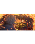Anime desk pad 36x16 inches featuring Tanjiro Kamado from Demon Slayer, engulfed in blazing orange arcs against a night blue background.