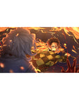 Anime mouse pad 40x20 inches featuring Tanjiro Kamado from Demon Slayer, mid-strike with blazing orange arcs.