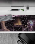 Dreamy 36x16 inches anime desk pad in soft purples, ink blacks, and snowy specks, night-sky mood.