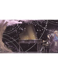 Anime desk pad 40x20 inches with grand piano, tux pianist, blonde girl in blue coat, galaxy petals.