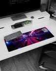 Small but impactful 32x12 deskmat showcases urban energy with striking neon contrasts and sleek sophistication