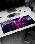 Vibrant artwork on 36x16 deskmat captures the essence of urban futurism with bold yet calming hues