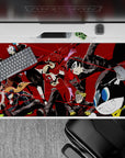 Persona 5 anime desk pad 40x20 inches, featuring Joker, Panther, and Mona in a dynamic heist scene with vivid colors.