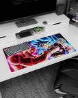 Anime mouse pad 32x16 inches, featuring Kirito and Asuna, split with sapphire shards and fiery crimson swirls.