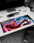 Anime desk pad 36x16 inches featuring Kirito and Asuna, with sapphire shards and fiery crimson swirls, swords crossing.