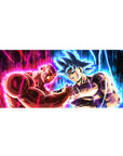 Dragon Ball Z desk pad with Goku and Jiren, 36x16 inches, showcasing their intense battle, glowing with cosmic power and determination.