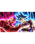 Desk pad featuring Goku and Jiren in their ultimate clash, 40x20 inches, with glowing cosmic colors and fierce power, turning your workspace into an intense battlefield.