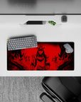 28x12 inches anime mouse pad in crimson and black ink flames, dark dojo mood with sharp linework.