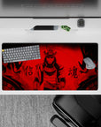 32x16 inches anime mouse pad in crimson and black ink flames, dark dojo mood, intense kanji accents.