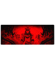 Crimson storm masked samurai anime mouse pad, kanji warning and ink flames, 32x12 inches.
