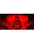 36x16 inches anime desk pad with masked samurai in layered armor, bold kanji, and ink flames.