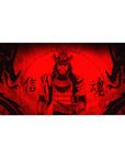 40x20 inches anime desk pad with masked samurai armor, red storm backdrop, bold kanji and ink flames.