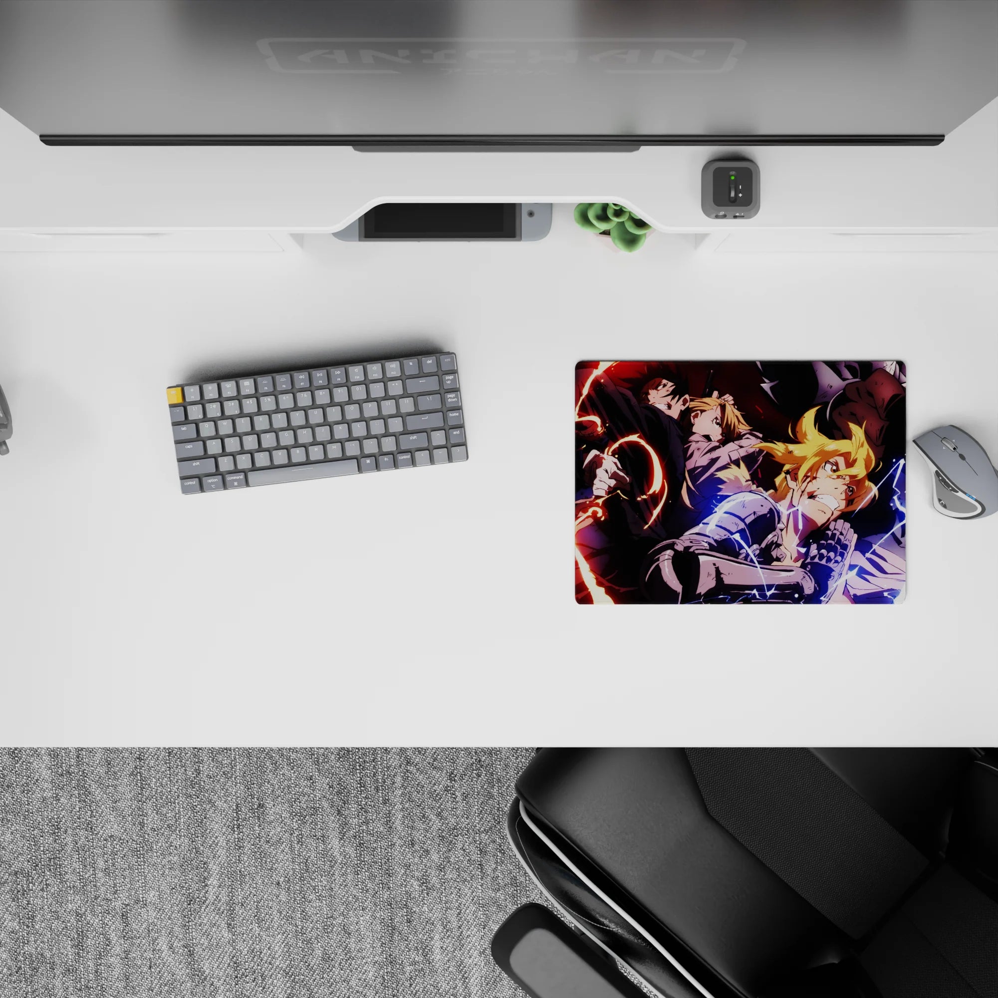 14x10 inches anime mouse pad with red sparks, blue lightning, loud fast energy, punchy colors.