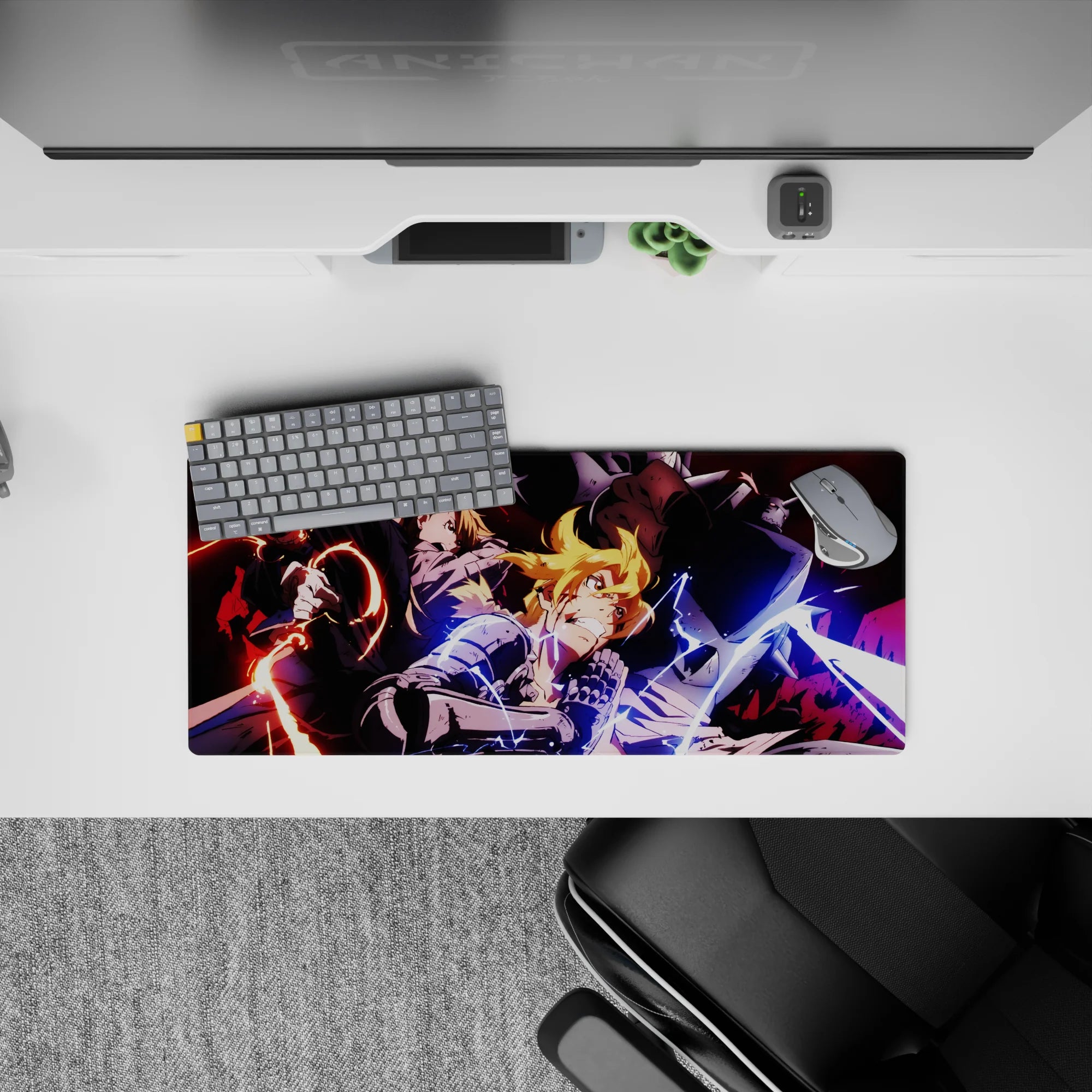 28x12 inches anime mouse pad with red sparks and blue lightning, loud fast vibe, punchy colors.