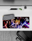 28x12 inches anime mouse pad with red sparks and blue lightning, loud fast vibe, punchy colors.