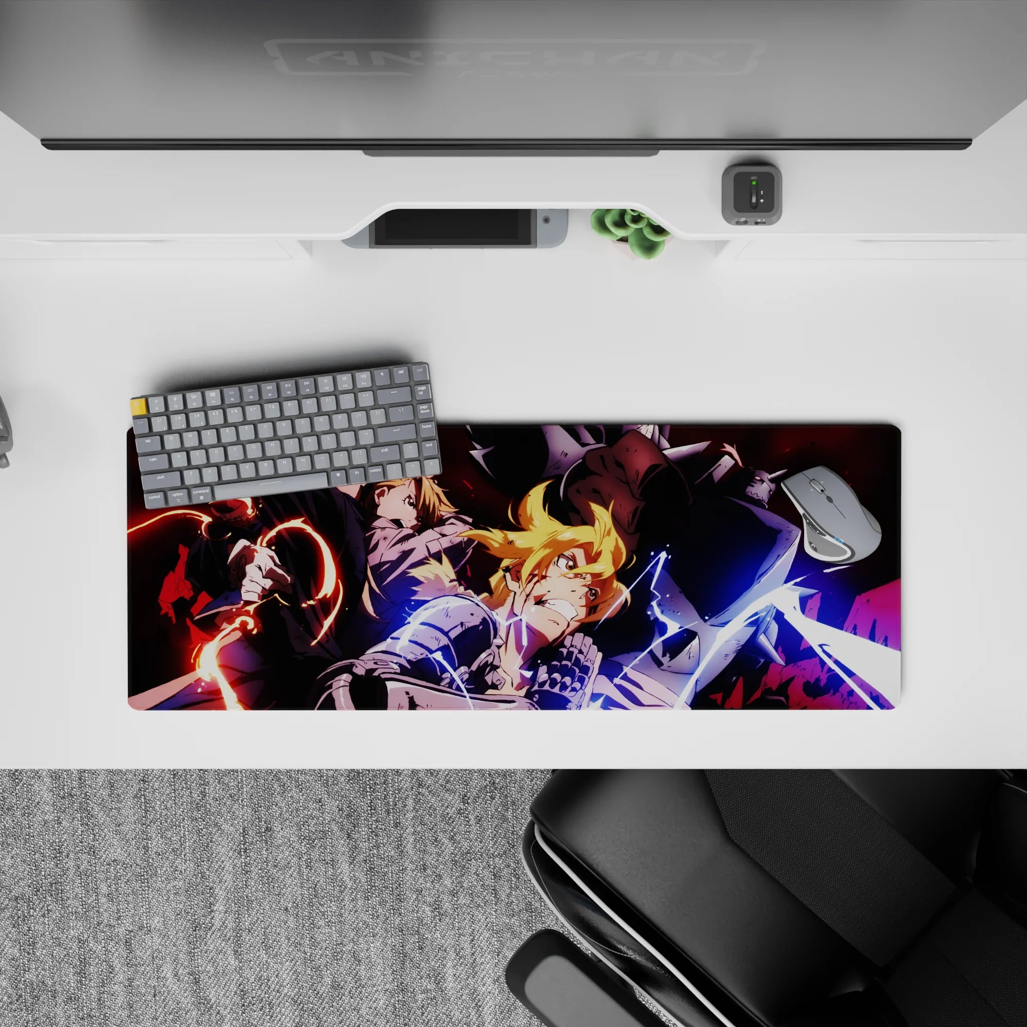 32x12 inches anime mouse pad with red sparks and blue lightning, smoky shadows, loud fast vibe.