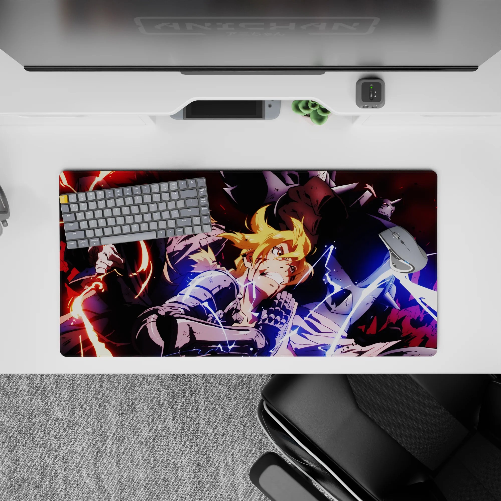 Anime mouse pad 32x16 inches with red sparks, blue lightning, smoky shadows, and high-energy grit.