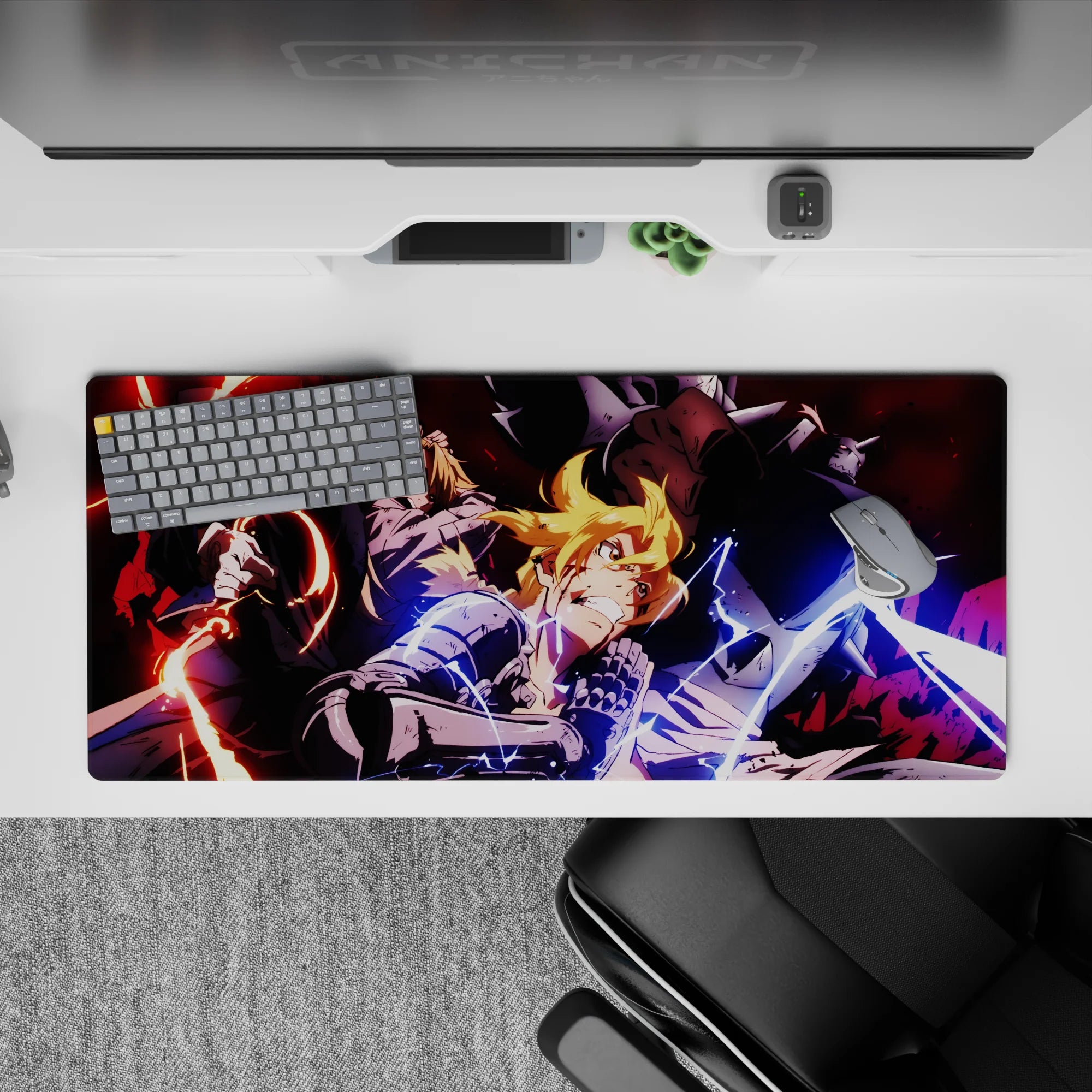 36x16 inches anime desk pad with red sparks and blue lightning, smoky shadows, loud high-energy vibe.