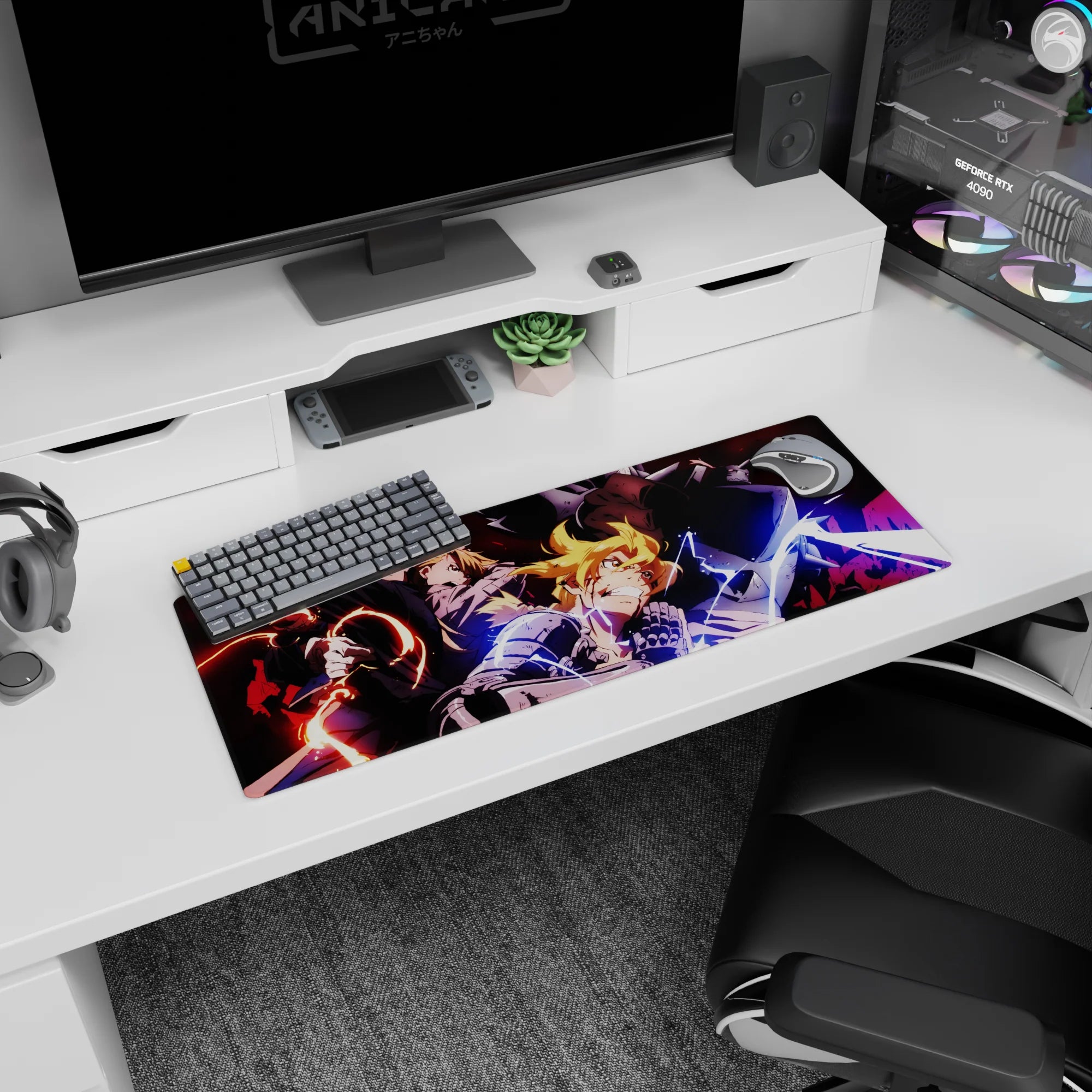 32x12 inches anime mouse pad showing Edward lunging in automail as Alphonse towers behind, glowing eyes.