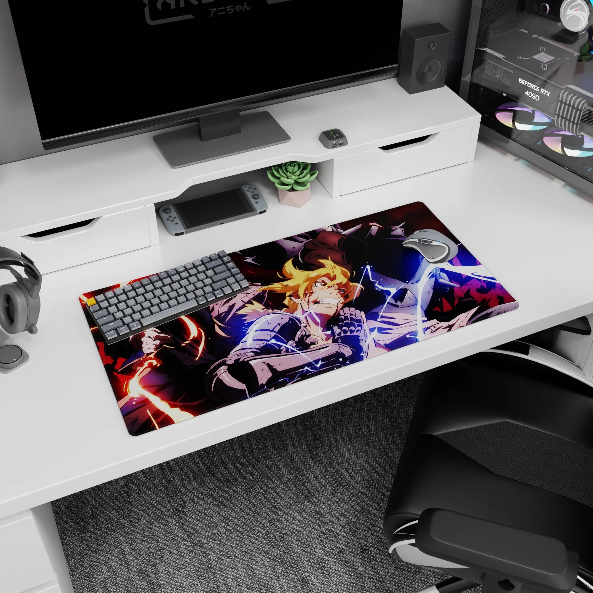 Anime mouse pad 32x16 inches showing Edward lunging in automail as Alphonse looms in glowing armor.