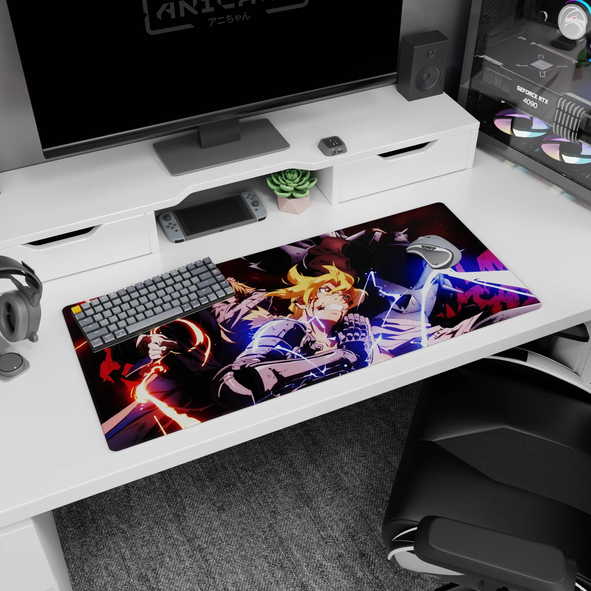 36x16 inches anime desk pad showing Edward Elric lunging forward as Alphonse looms behind, glowing eyes.